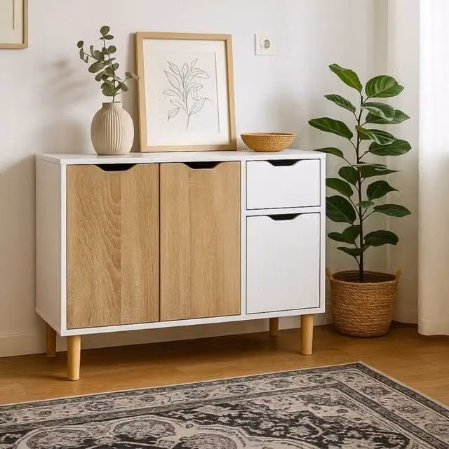 EONLION Wooden Storage Cabinet Sideboard in White and Multicolour, W/D/H: 90 x 30 x 71 cm – 1