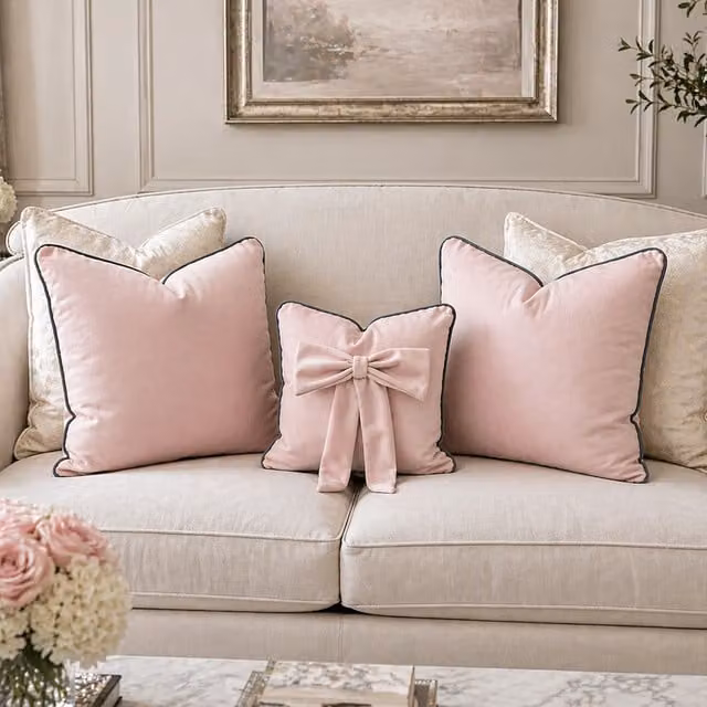 Fabricnco Bespoke Plush Velvet Square Cushion Set with Piping in Pink and Grey