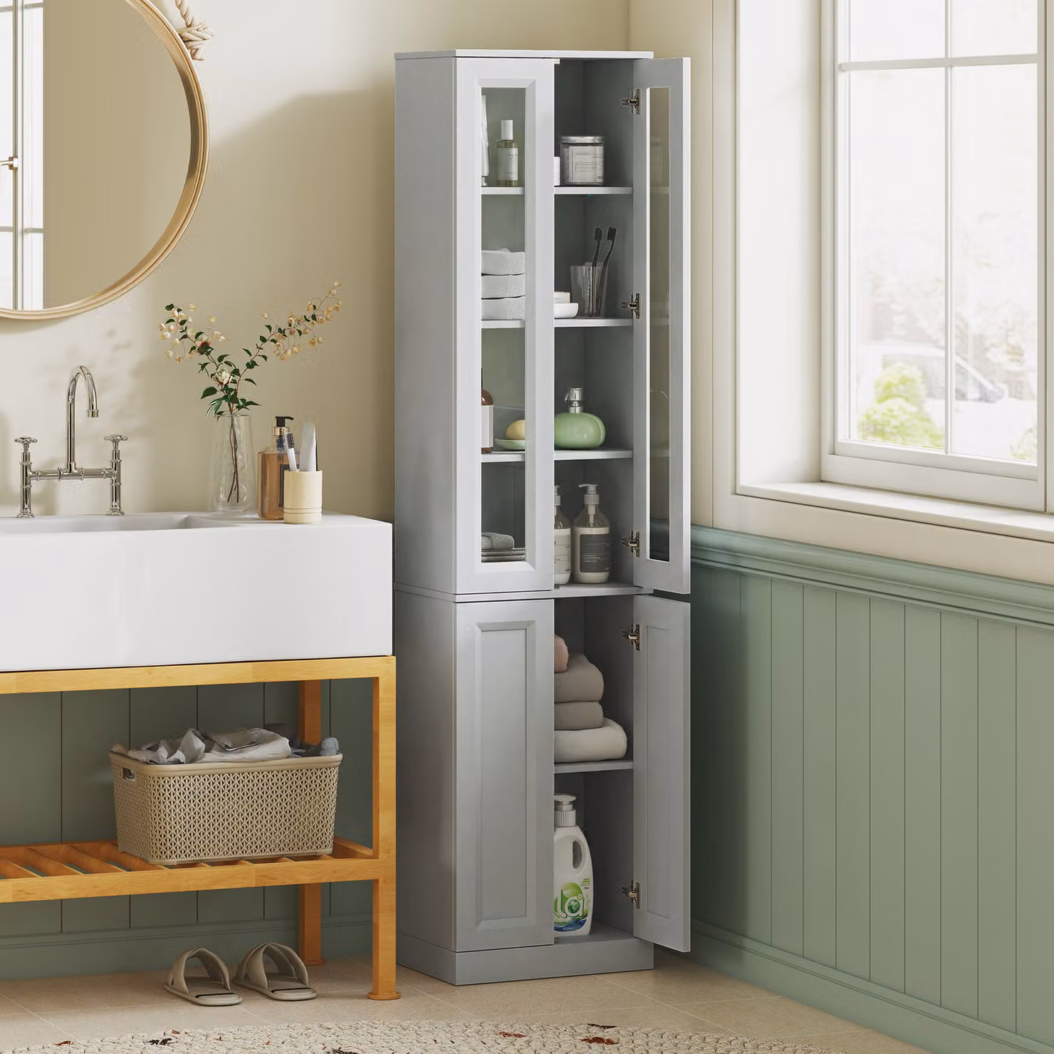 HOMCOM Tall Bathroom Storage Cabinet with 4 Soft-Close Hinged Doors and Internal Shelves, Blue – 2