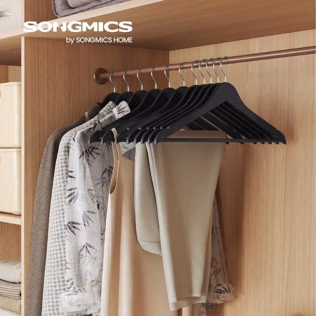 SONGMICS Pack of 20 Black Wooden Coat and Trouser Hangers with Pants Bar