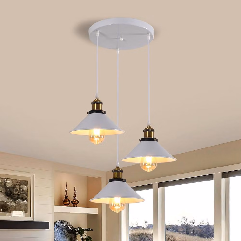 Goeco Industrial Metal Pendant Light in White with Adjustable Cable and E27 Socket – 2