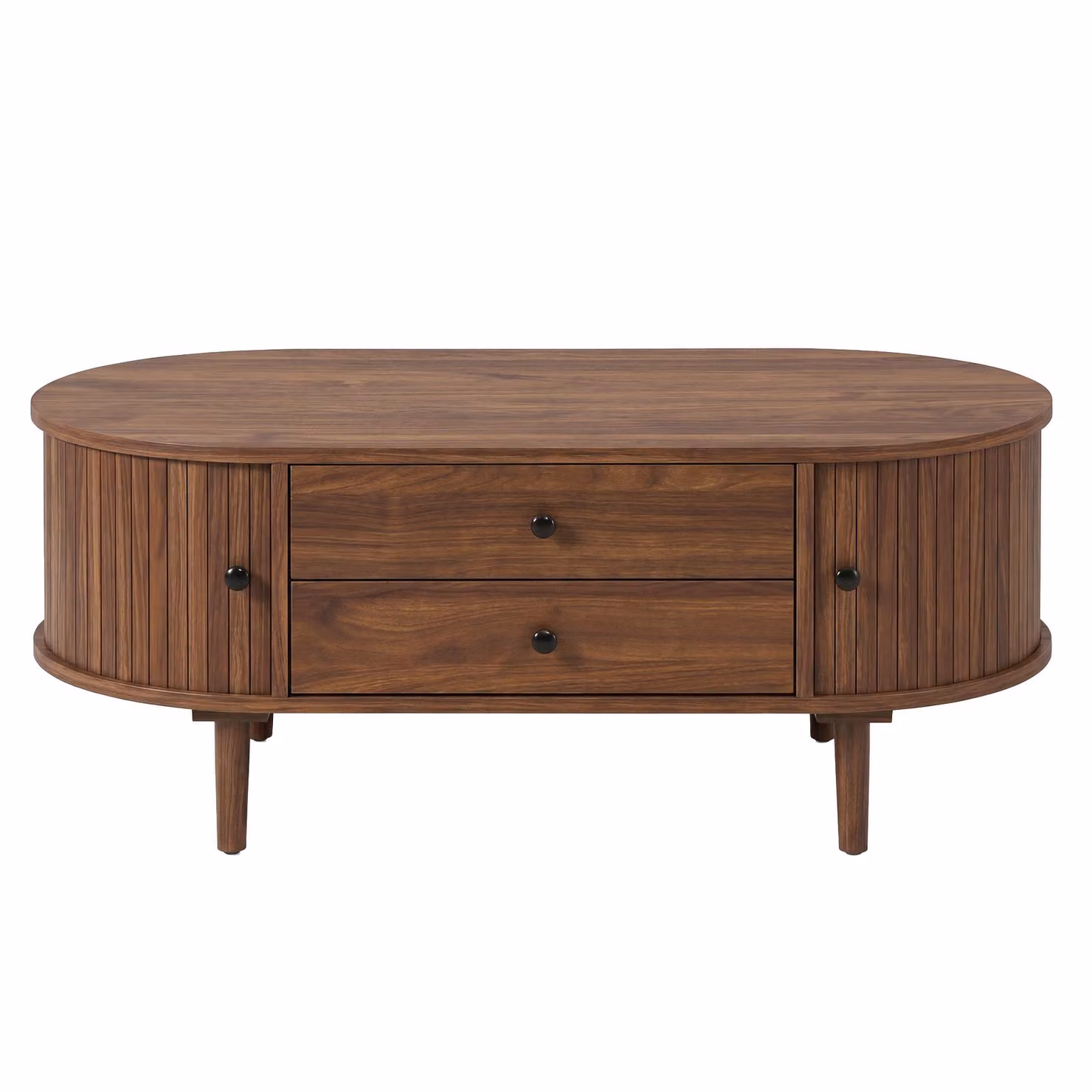Aosom UK Oval Coffee Table with Sliding Doors and 2 Drawers in Walnut Brown, W: 100 cm, D: 50 cm, H: 40 cm – 2