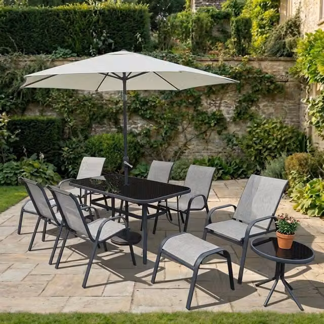 Outdoor Essentials Porto 11 Piece Grey Textilene Garden Dining Set with Rectangular Metal Table