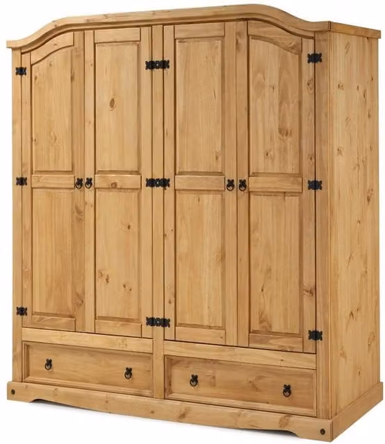 FORGEVIO Mexican Style 4 Door 2 Drawer Wardrobe in Natural Brown Pine Wood