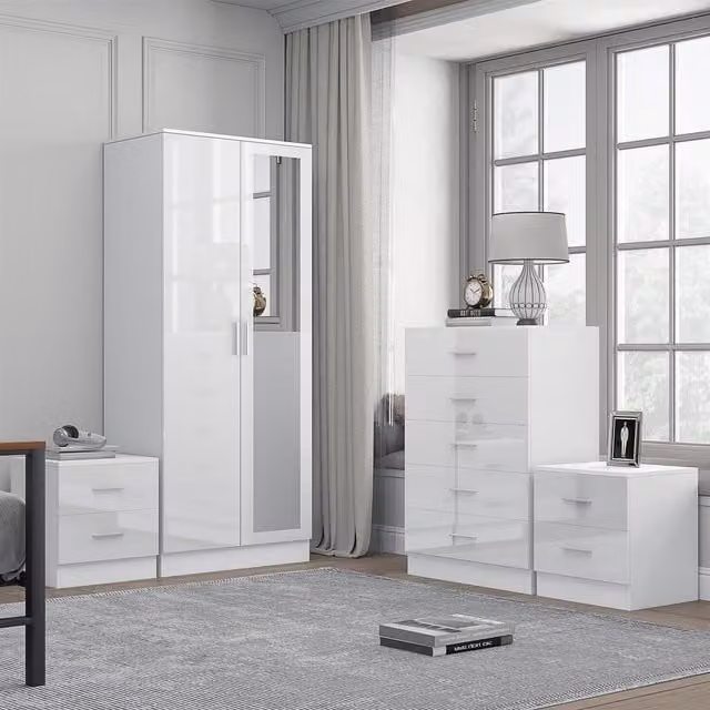 Reflect Modern Bedroom Furniture Set in White Gloss and Matt White Finish, including 2 Door Mirror Wardrobe, 5 Drawer Tallboy Chest and 2x 2 Drawer Bedside Tables – 1