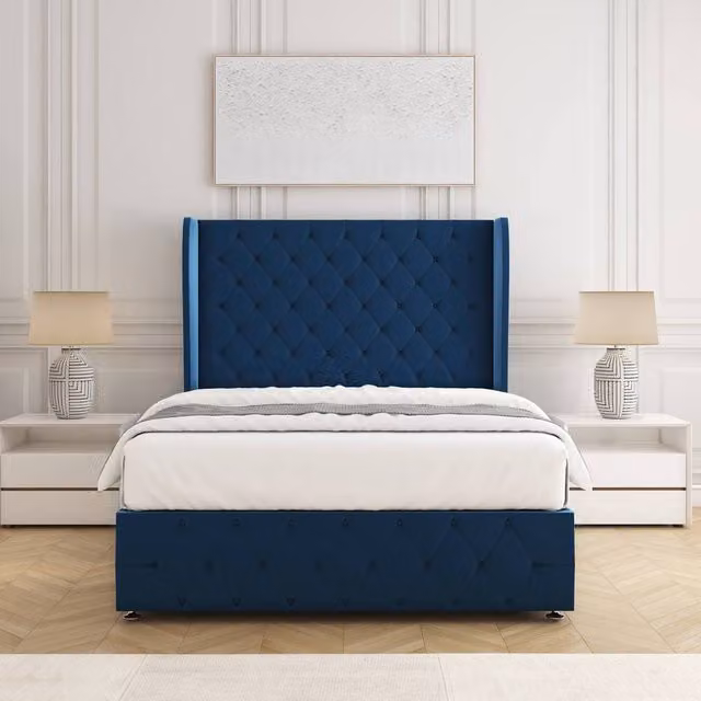 BSSPOKE Faye Plush Velvet Divan Bed Set with 54 inch Headboard and Mattress in Blue, King Size (W/D/H: 180 x 200 cm)