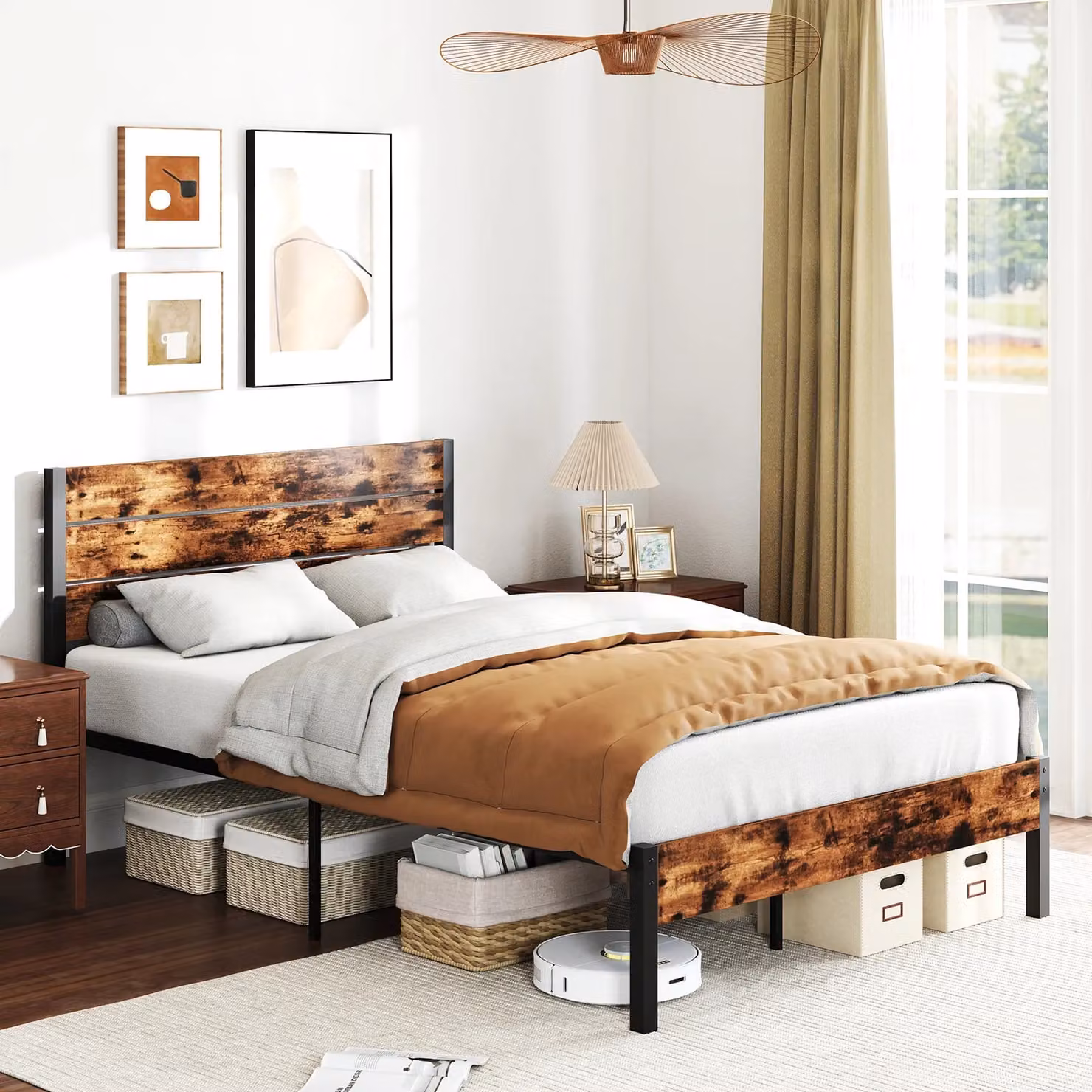 Gymax Double Metal Platform Bed Frame with High Headboard, Brown, W/D/H: 140 x 200 cm – 3