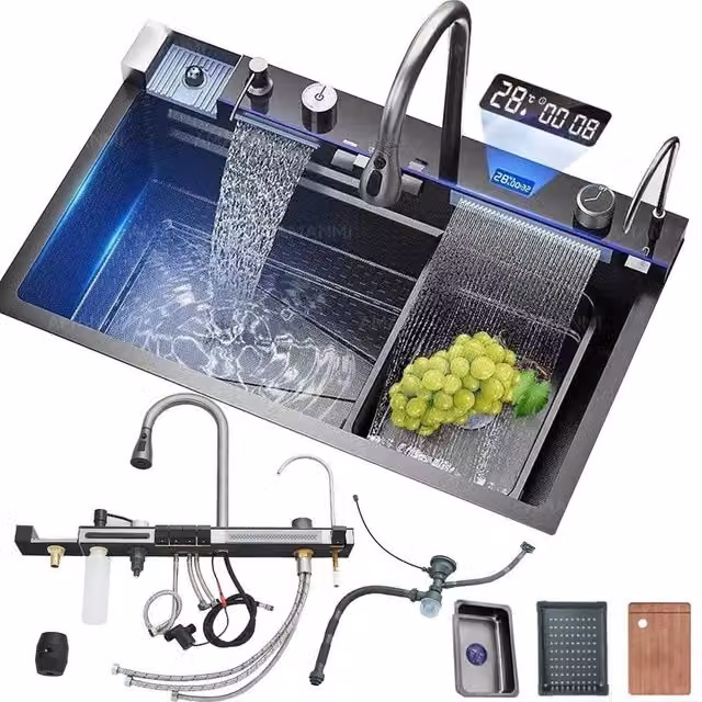PAWNORA Grey LED Built-in Inset Kitchen Sink Set