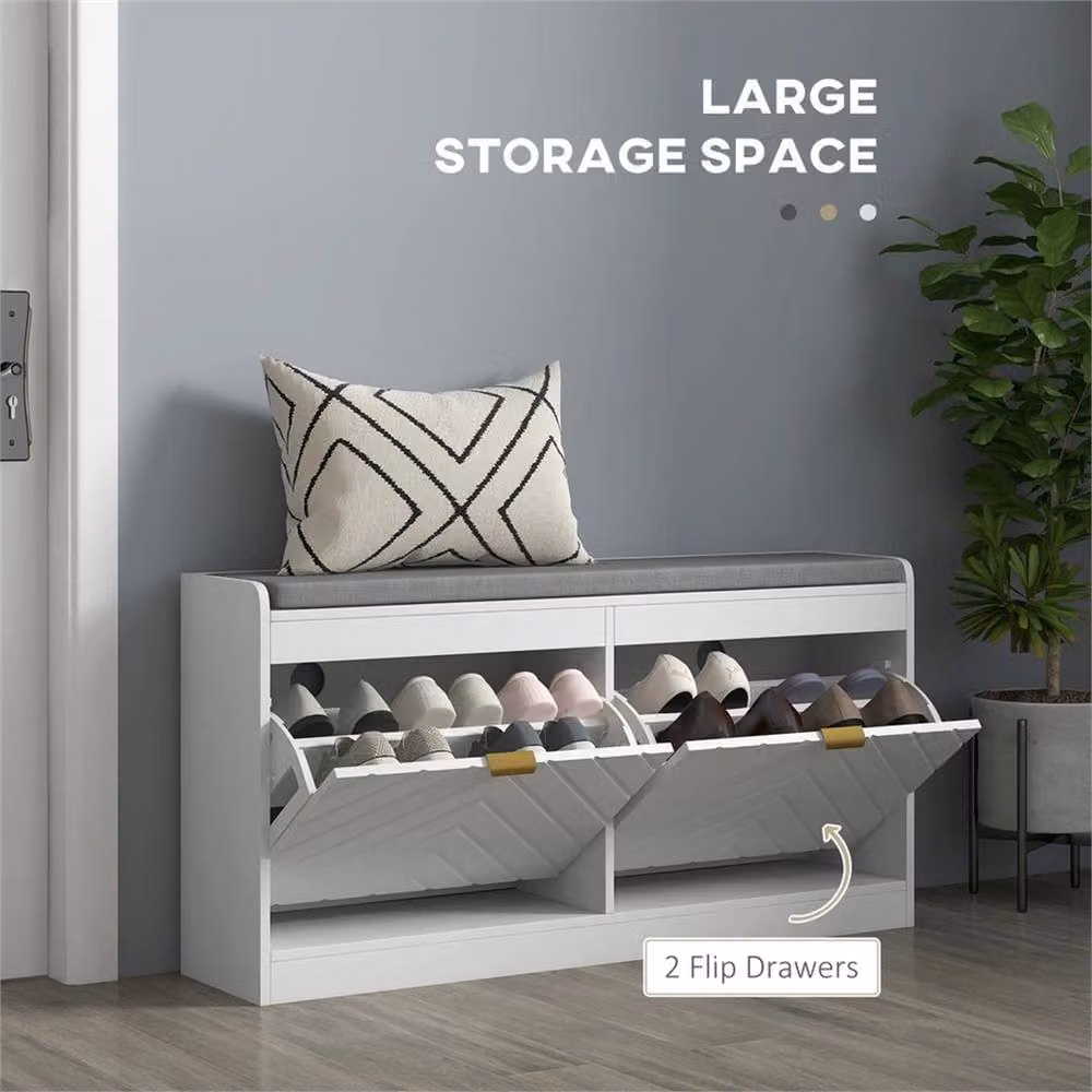 Nordara Modern White and Gold Shoe Bench with Fabric Cushion and 2 Flip Drawers for your Hallway – 3