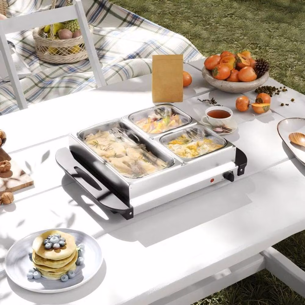 STILVORA Electric Buffet Server with 3 Trays and Warming Plate in Silver Stainless Steel – 2