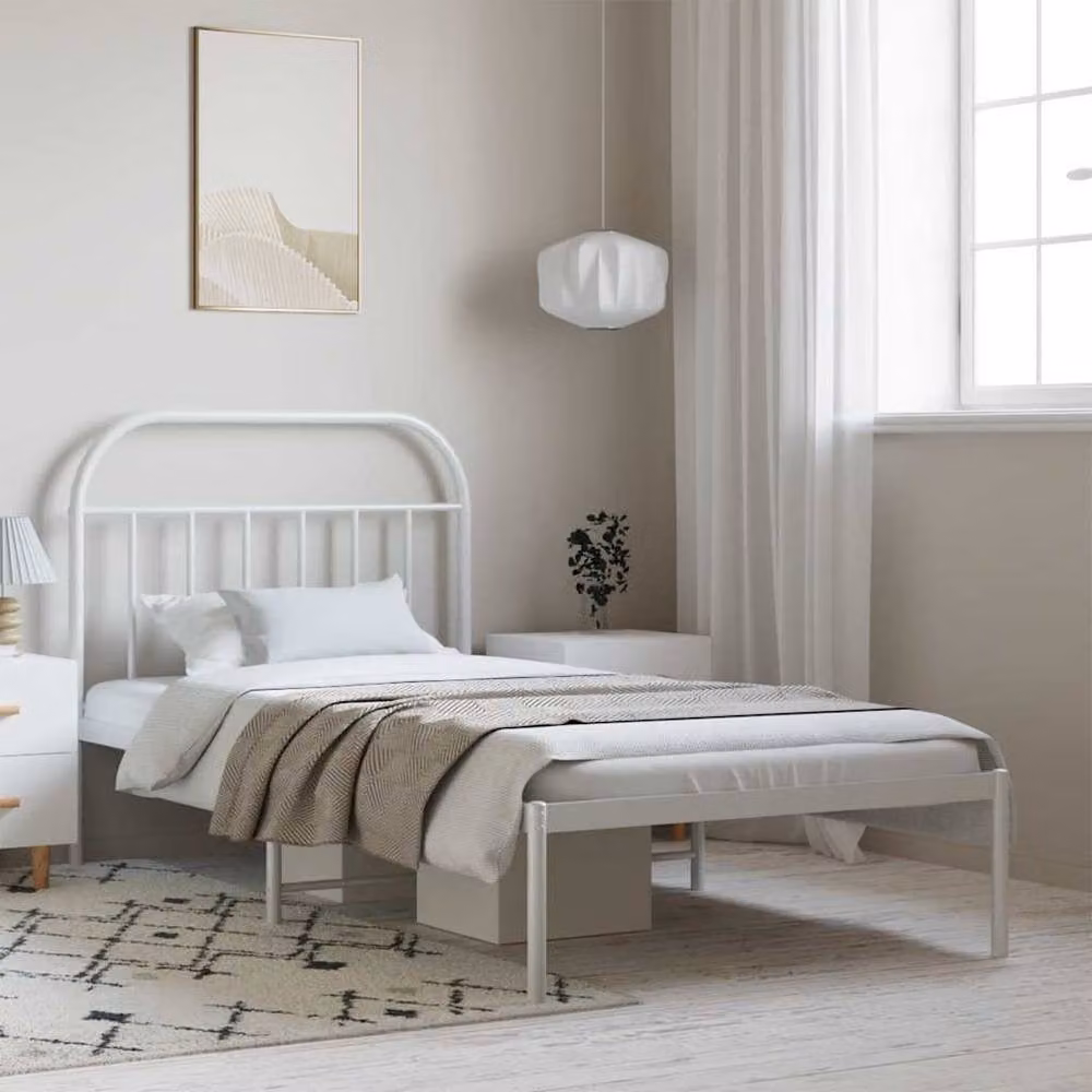 Berkfield Home Metal Bed Frame with Headboard in White, W/D/H: 100 x 200 cm – 2
