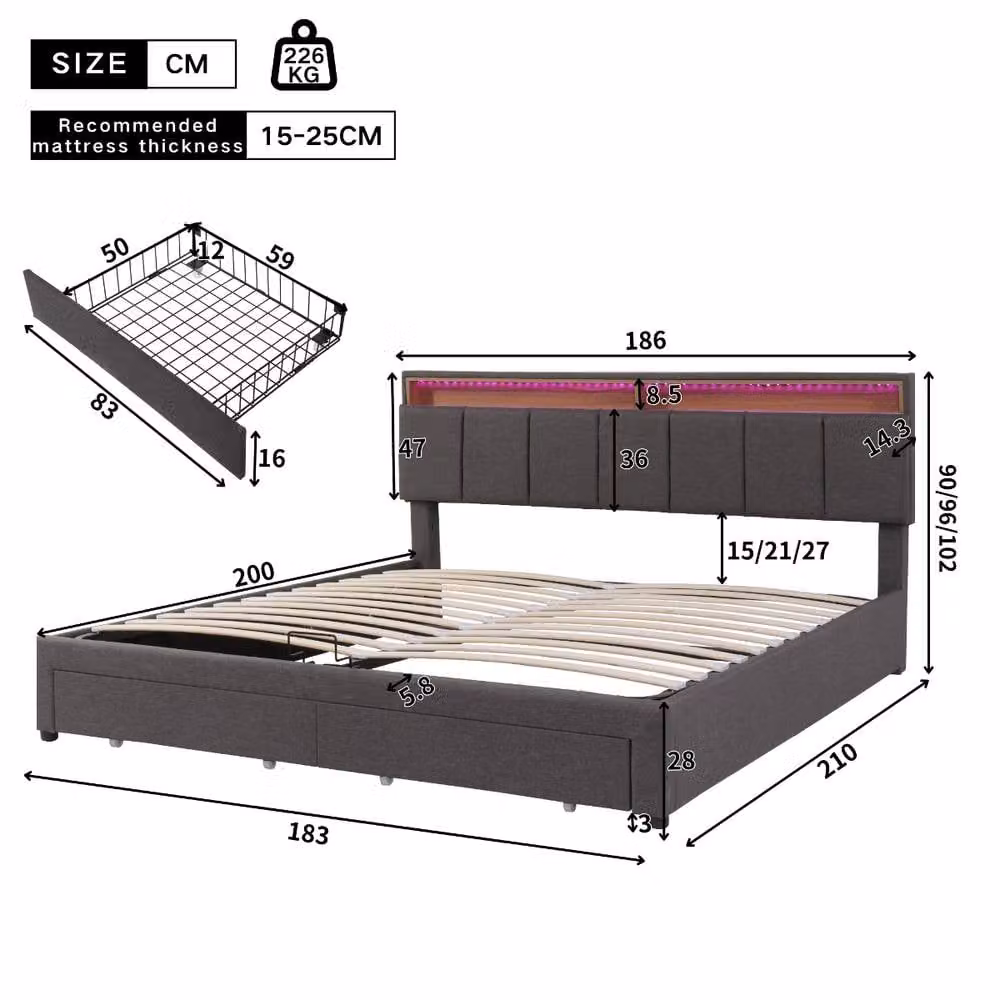Rolipo Grey Linen Super King Upholstered LED Storage Bed W: 180 cm, D: 200 cm – 4