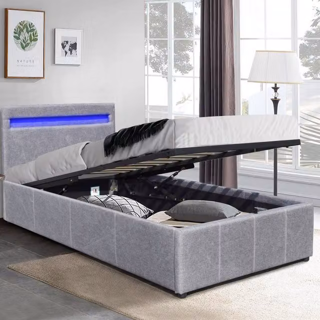 Comfy Living Modern Upholstered Gas Lift Ottoman Bed Frame with LED Under-bed Lighting, Grey, 90 x 190 cm