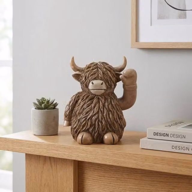 Garden Greatness Waving Highland Cow Ceramic Ornament, Brown and Multicolour, H 25.0 cm x W 10.0 cm x D 10.0 cm – 2