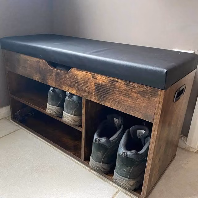 FLAVORA Rustic Brown Shoe Bench and Storage Rack with Synthetic Leather Seat