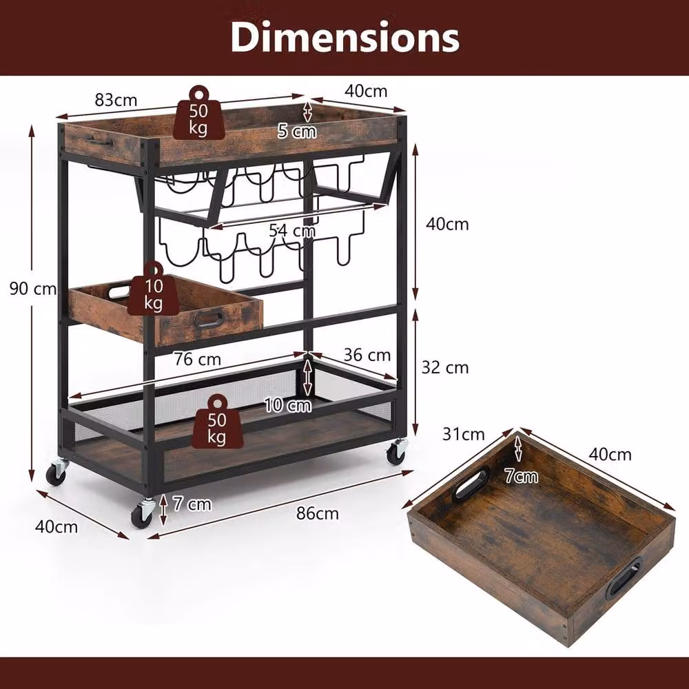 VOGREX Brown 3-Tier Industrial Metal and Glass Rolling Bar Cart and Kitchen Trolley with Wine Rack – 2