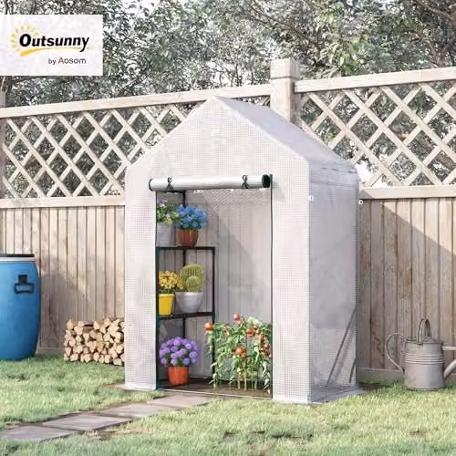 Outsunny Portable Walk In Greenhouse with 2 Tier Shelving, Green and White, W/D/H: 143 x 73 x 195 cm – 2