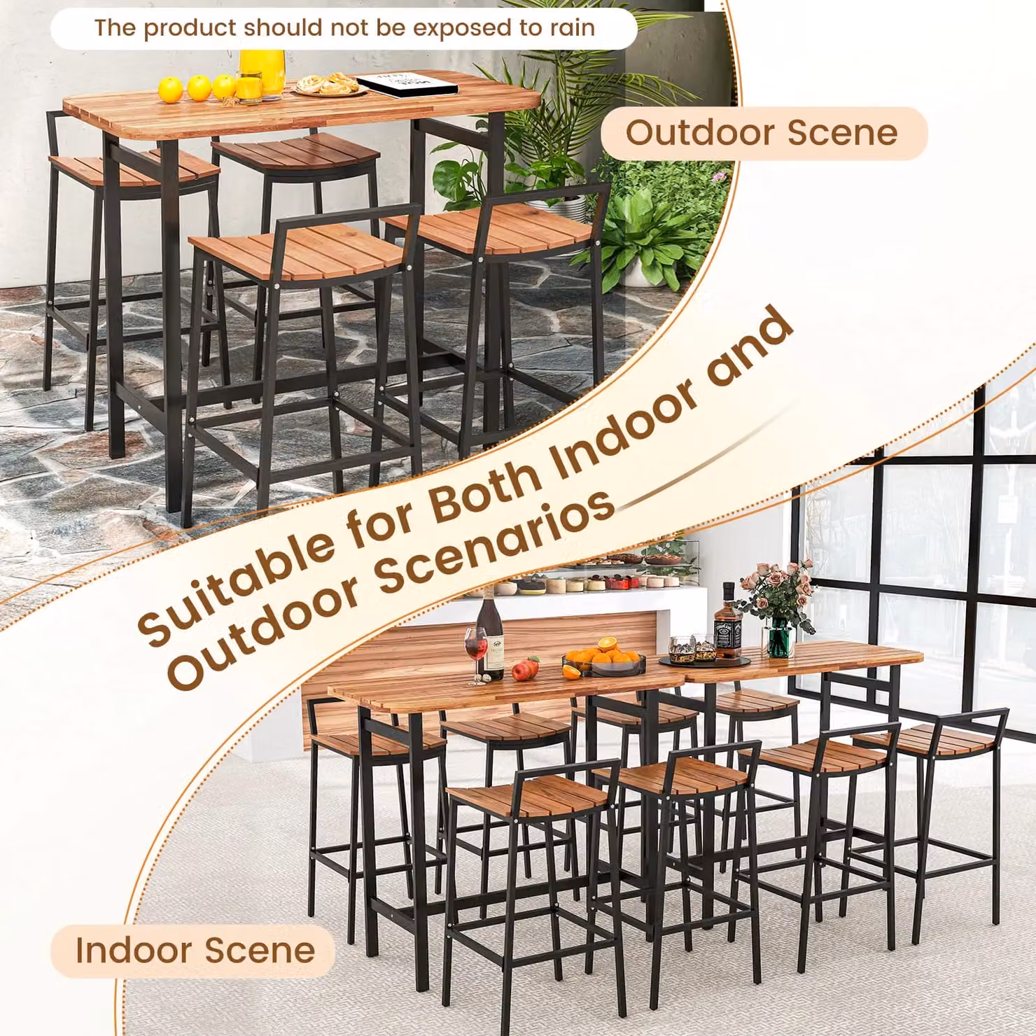 Costway 5-Piece Acacia Wood Outdoor Bar Table and Chairs Set in Natural Brown – 6