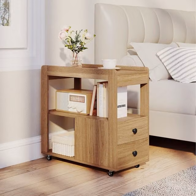COSTWAY Rolling Sofa Side Table with Serving Tiers and Castors, Brown Wood