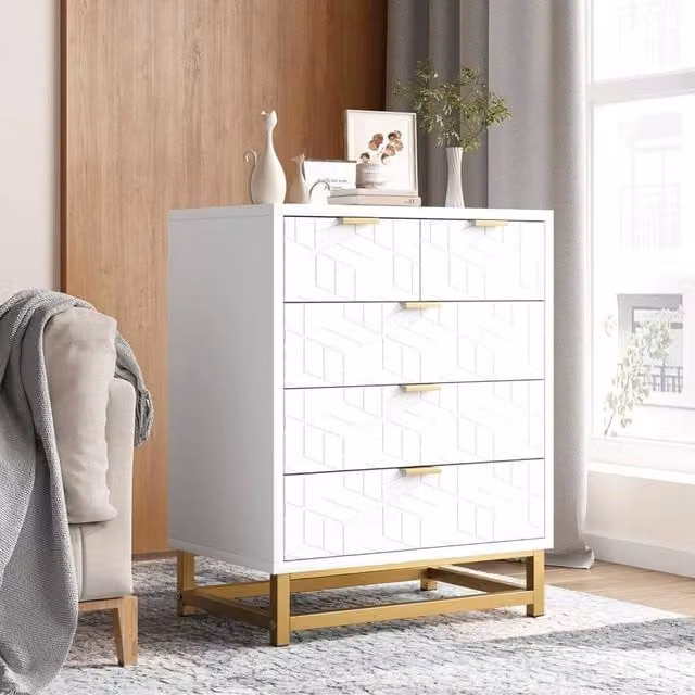 VOGREX Scandinavian Style White and Gold Geometric Chest of Drawers with Metal Accents