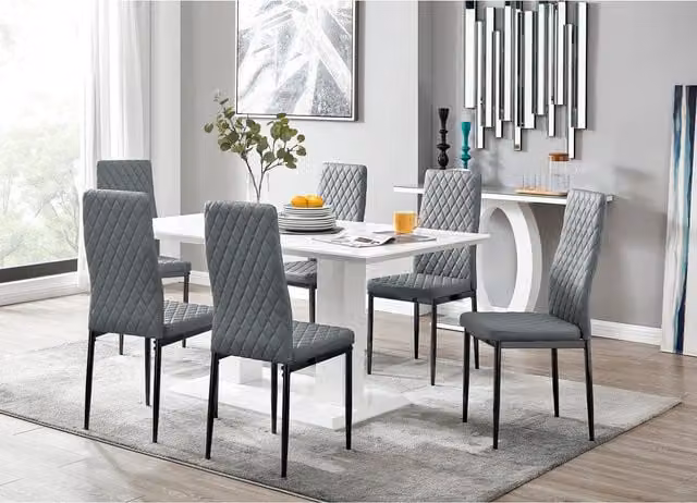 FurnitureboxUK Imperia White Rectangular Dining Table and 6 Milan Black Leg Chairs in Grey
