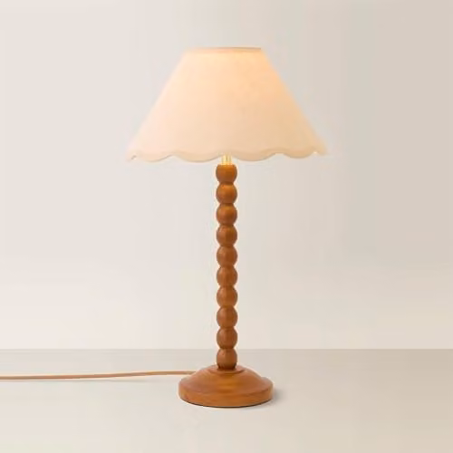 ValueLights Bobbin Table Lamp with Beige Fabric Shade and Brown Wood Base – 1