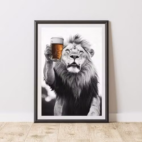 60 Second Makeover Funny Lion Drinking Beer Illustration Paper Poster, A3, Multicolour