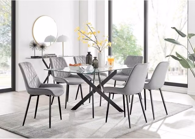 FurnitureboxUK Leonardo Glass Dining Table with 6 Grey Pesaro Chairs and Black Legs