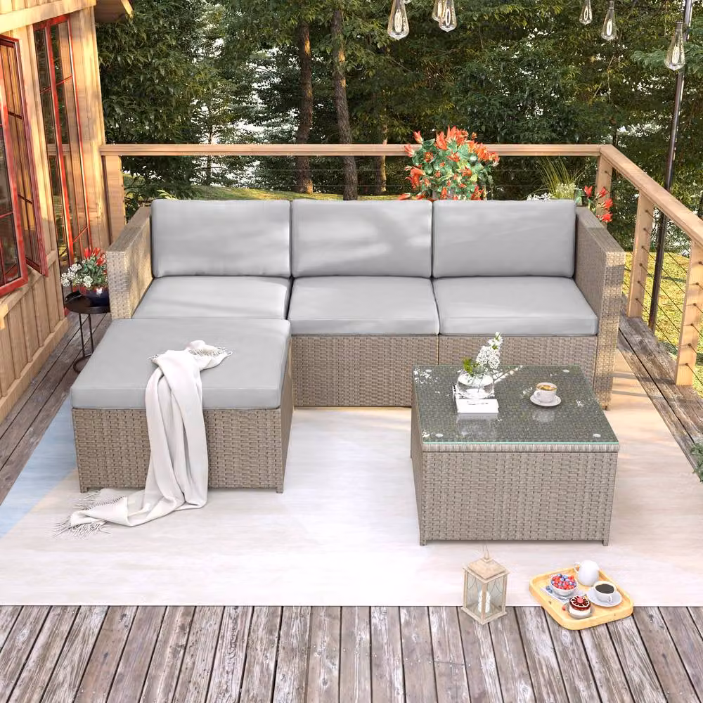 HomeTouch 3-Piece Outdoor Rattan Corner Sofa Set with Glass Top Coffee Table in Khaki – 3