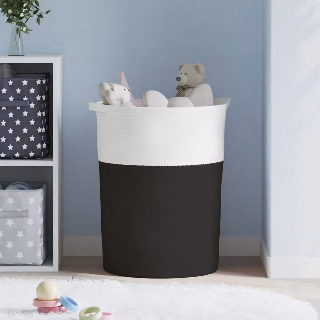 Berkfield Home Storage Basket in Black and White Cotton with Handles, W: 49 cm, H: 65 cm – 3