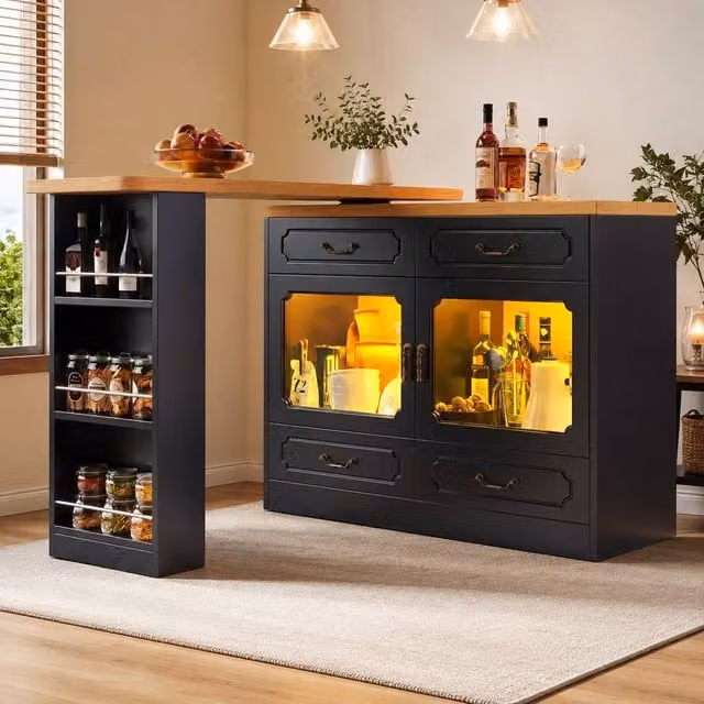Merax Rotatable Breakfast Bar Table and Buffet Sideboard with LED Lighting and Glass Cabinet in Black