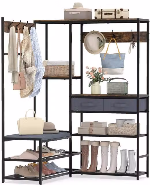 Gymax L-Shaped Corner Coat Rack with Shoe Bench and Hall Tree in Brown