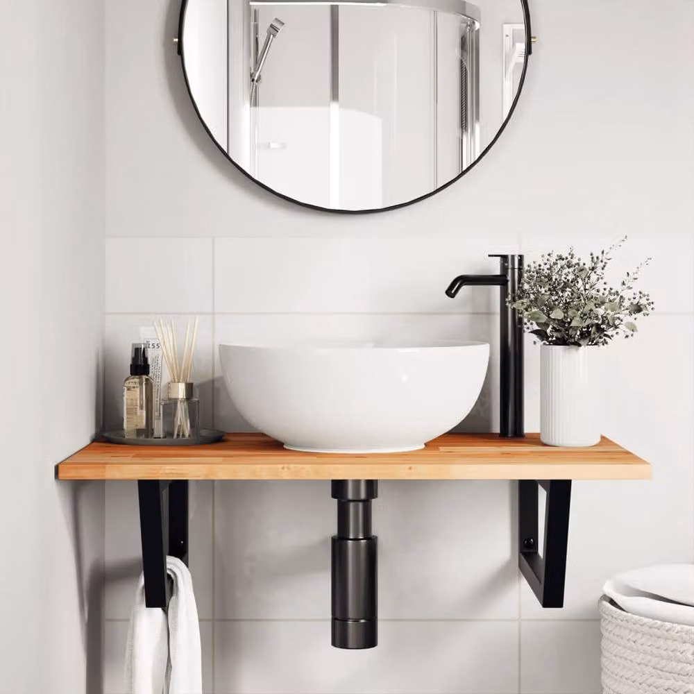 Berkfield Home Wall Mounted Basin Shelf in Brown Acacia Wood and Steel – 1
