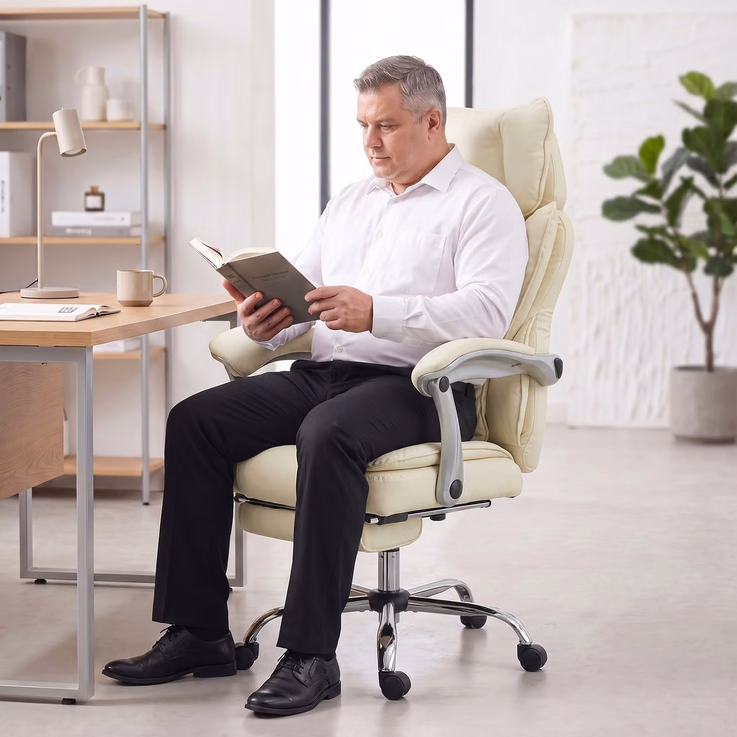 HOMCOM Executive Big and Tall Office Chair in Beige with Synthetic Leather, Headrest and Lumbar Support – 7