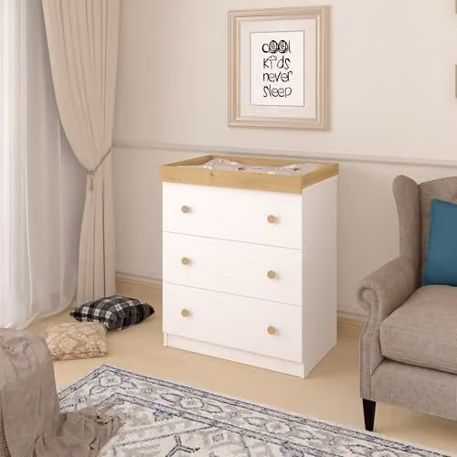 Shefa Kids 888 White and Cremona Oak 3-Drawer Baby Changing Table and Convertible Dresser, W/D/H: 80 x 55 x 90 cm – 2