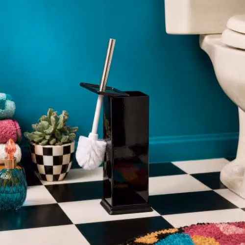 Harbour Housewares Black Square Toilet Brush and Holder Set of 2, Stainless Steel and Plastic Freestanding Bathroom Accessories with Enclosed Design – 2