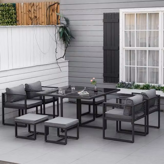 Outsunny 9 Piece Grey Powder Coated Aluminium Garden Dining Set with Glass Top Table – 1