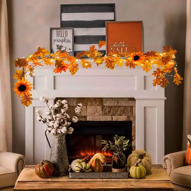 Livingandhome Orange Sunflower Garland with Lights