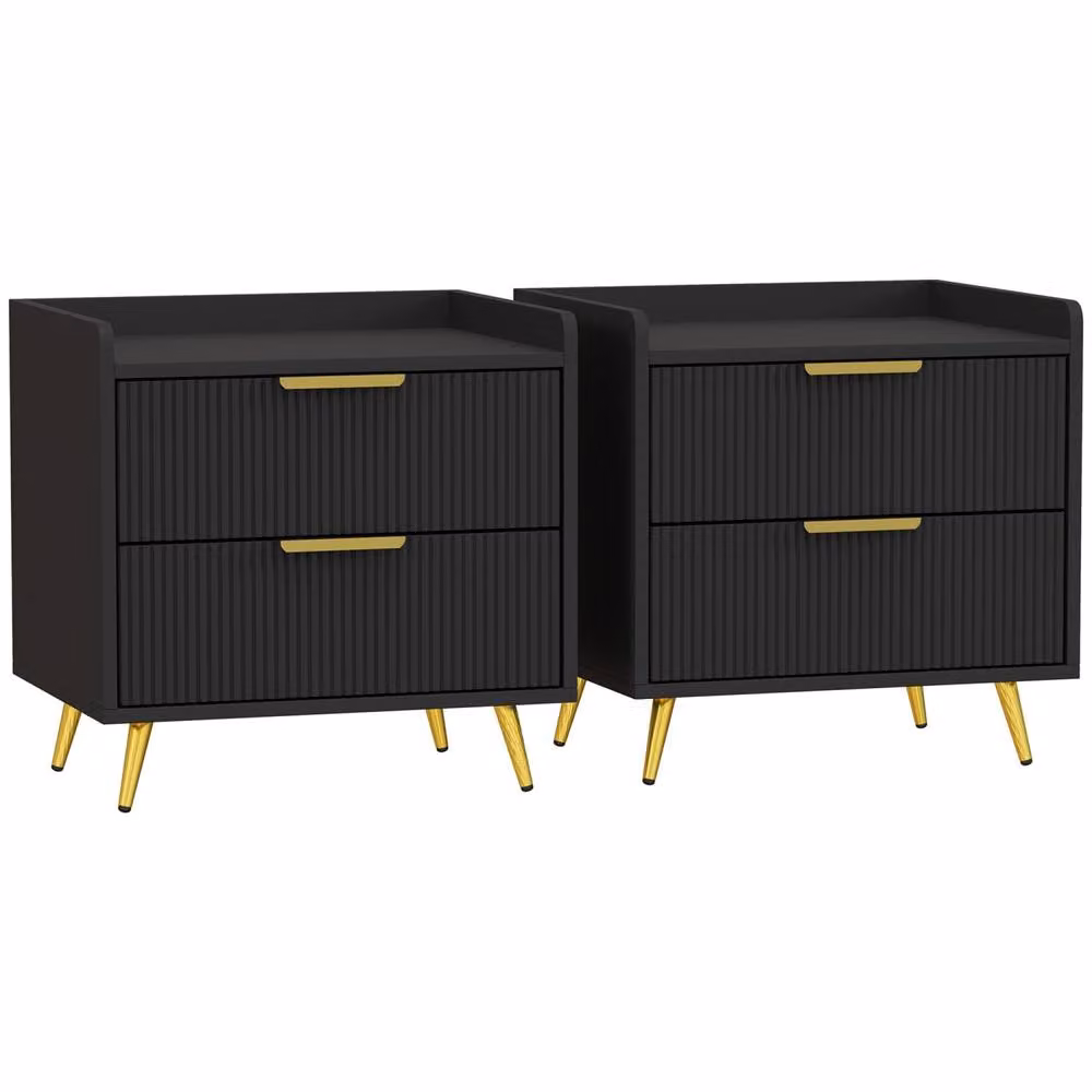 Wyld Haus Veha Set of 2 Black Ribbed 2 Drawer Bedside Tables with Gold Handles – 2