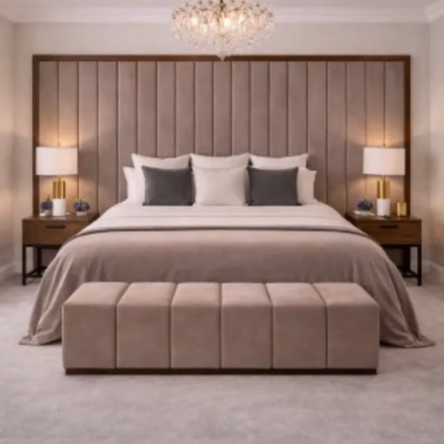 HOB Furniture Denver Linear Upholstered Bed with Footstool in Brown, King Size (180 x 200 cm)