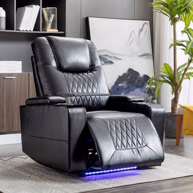 Matteo Electric Recliner Chair in Black Synthetic Leather with USB, Swivel Tray and Storage