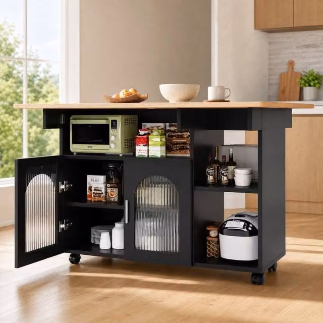 STILVORA Modern Black Kitchen Island with Folding Sides and Storage, W/D/H: 120.0 x 30.0 x 79.5 cm – 1