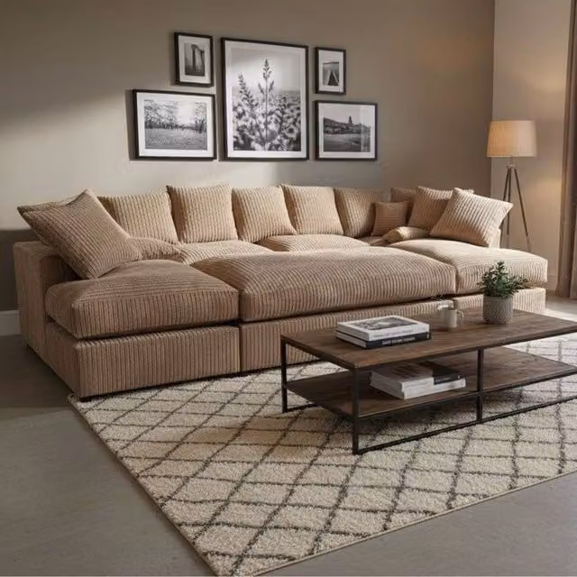 Snug Furniture Birmingham Ltd Large U-Shaped Double Fibre Sofa with Extra-Wide Matching Ottoman in Medium Beige