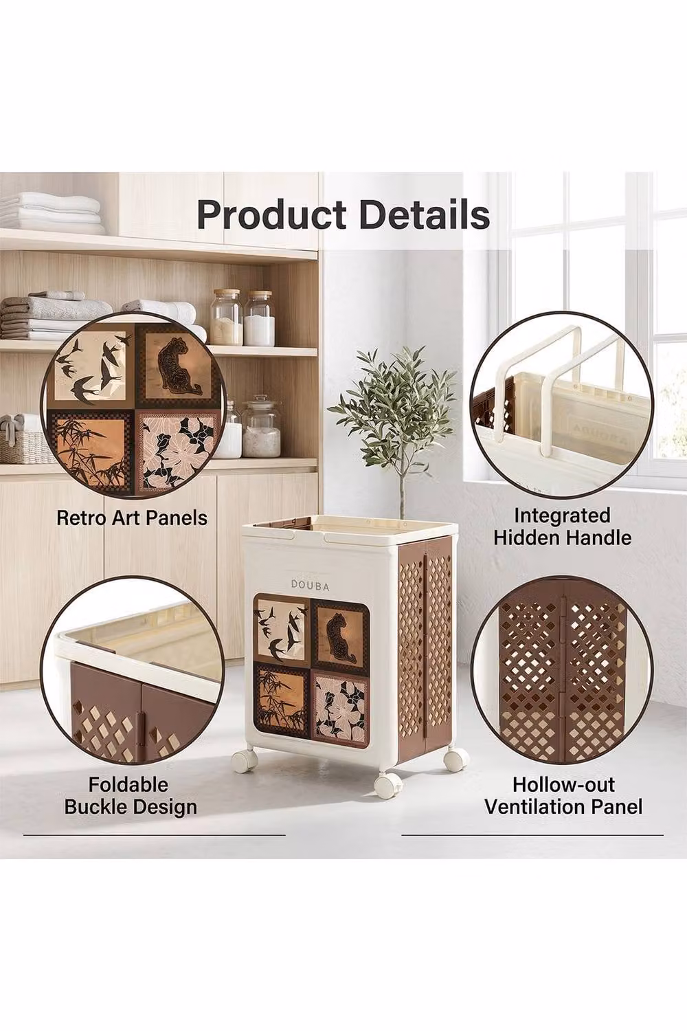 Garden Sanctuary Collapsible Plastic Laundry Basket with Castors in Beige – 4