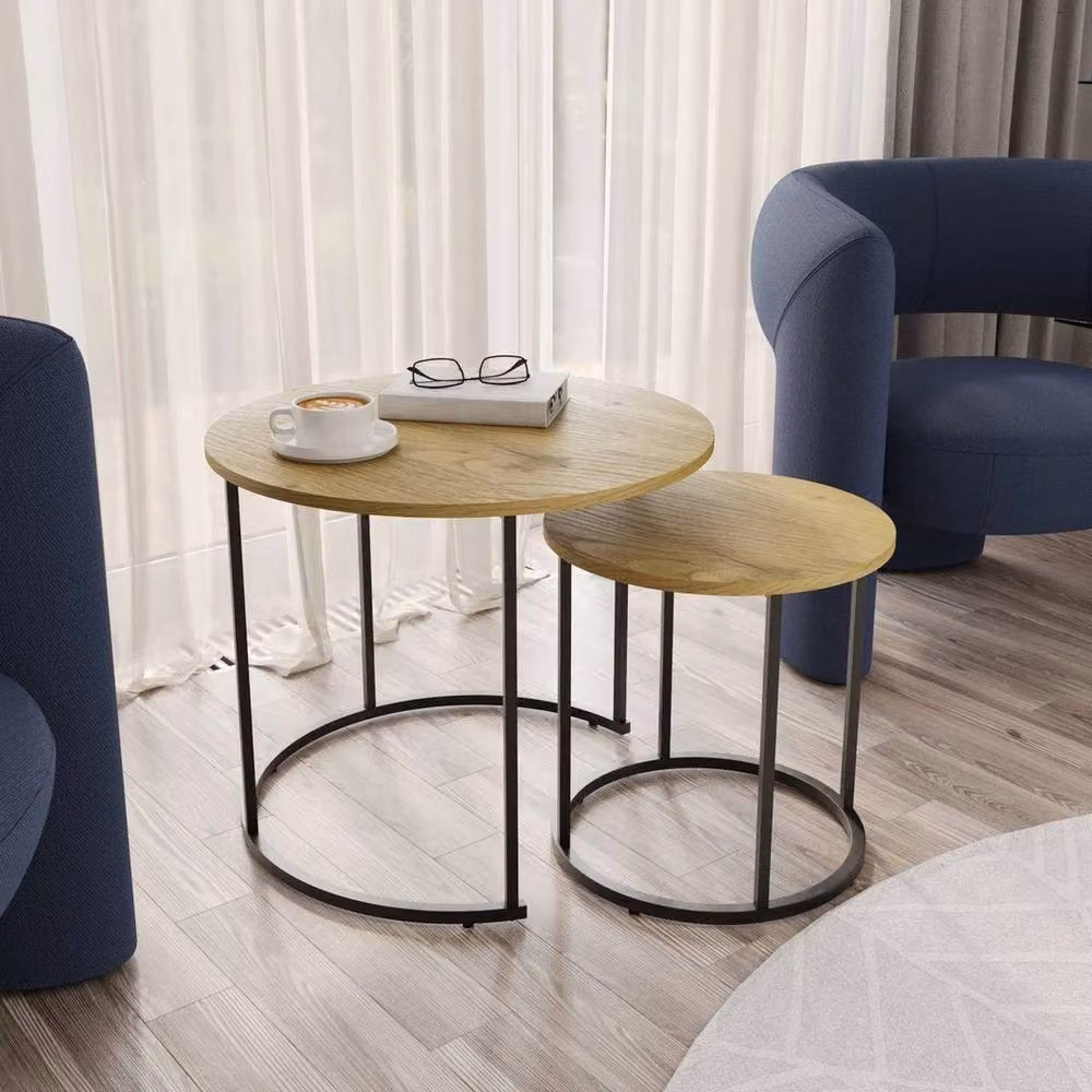 Havendro Wild Oak Nesting Tables Set of 2, Industrial Round Side Tables in Light Oak, W/D/H: 60 x 60 x 50.5 cm and 60 x 60 x 40.5 cm – 4