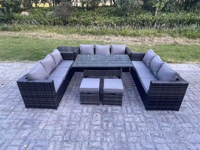Fimous 11 Seater Outdoor Rattan Garden Furniture Set with Rectangular Glass Dining Table and 2 Stools in Dark Grey
