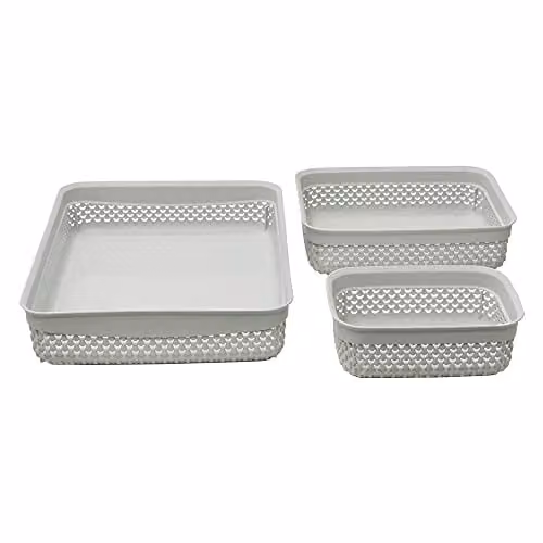 JVL Droplette Set of 3 Open Weave Plastic Storage Baskets in Grey and Multicolour, W/D/H: 26.0 x 19.0 x 7.0 cm