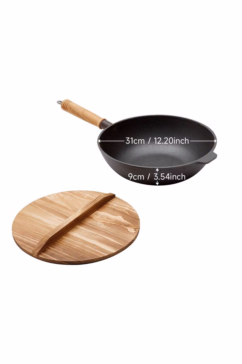 Living and Home Round Cast Iron Sauce Pan, Grill, Frying Wok and Griddle with Wood Handle and Lid, Black, Diameter: 31 cm – 3