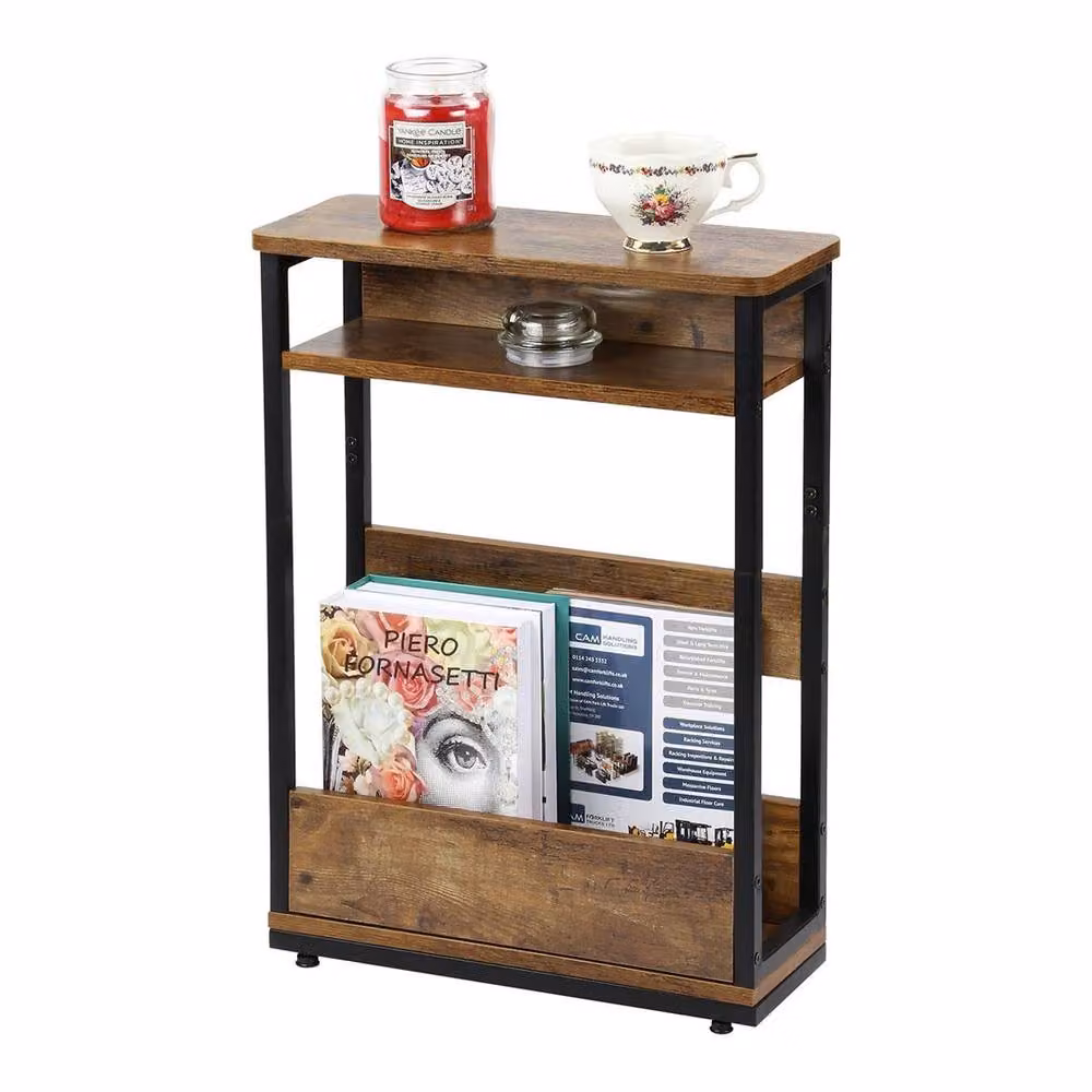 NESTLUNE Brown 3 Tier Narrow Side Table with Storage Shelf – 3