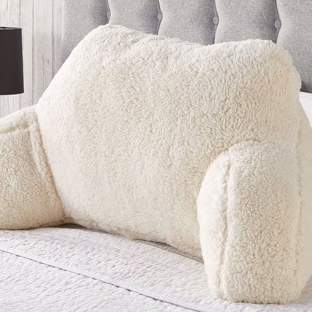 OHS Teddy Fleece U-Shaped Bed Reading Cushion with Lumbar Support in Beige/White